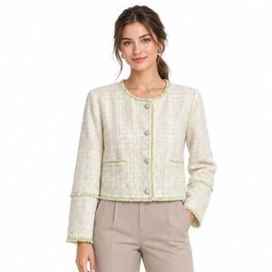 Ryegrass Tweed Jacket XL Cream Lime Green Fringe Trim Button Front Cropped